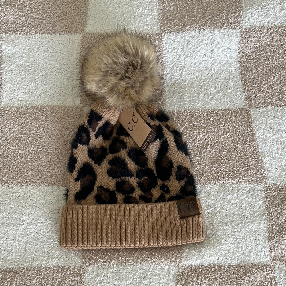 C.C Leopard Print Beanie with Pom Pom - Brown